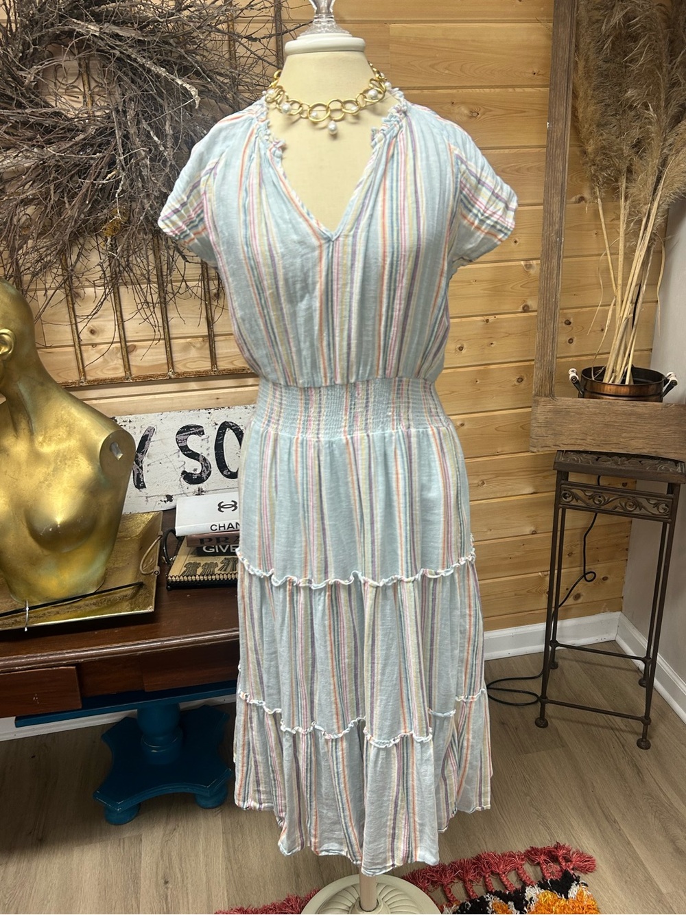 Rails Pastel Striped V-Neck Tiered Midi Dress